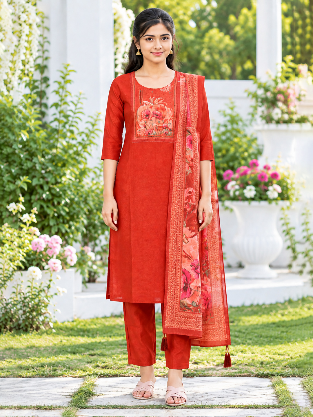  Floral Print Beads Work Kurta Set