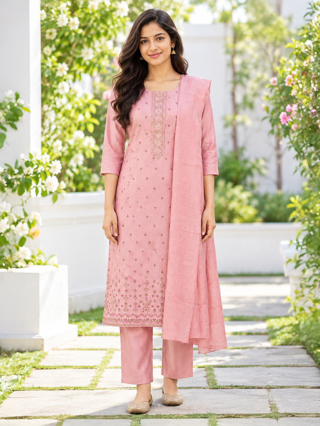 Ethnic  Printed  Round Neck Straight-Cut Kurta Set