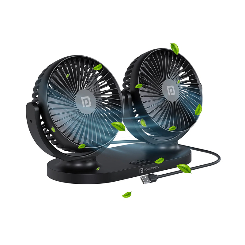 Portronics Twin Cool Dual Head Portable USB Powered Fan (360° Rotatable Head/ 3 Speed Control/ Ultra Silent Operation/ Brushless Motor/ Suitable For 12/24V Car,SUV,Bus,Desk,Home Fan/ Black)