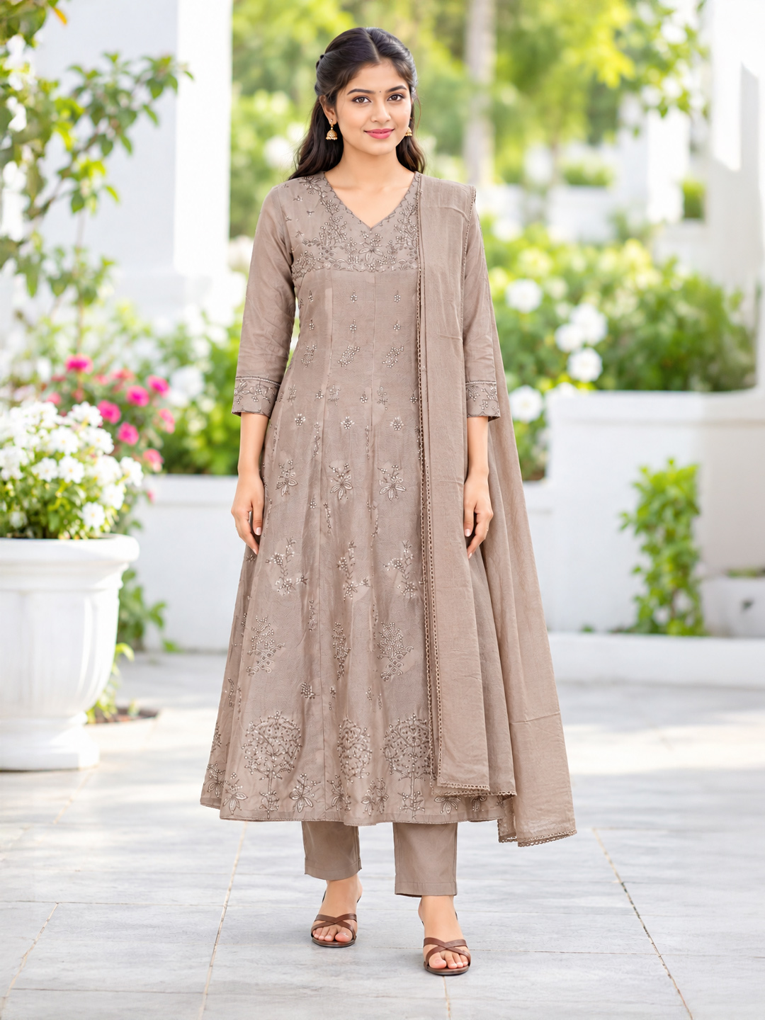 Floral Embroidery Flared Anarkali Kurta Set