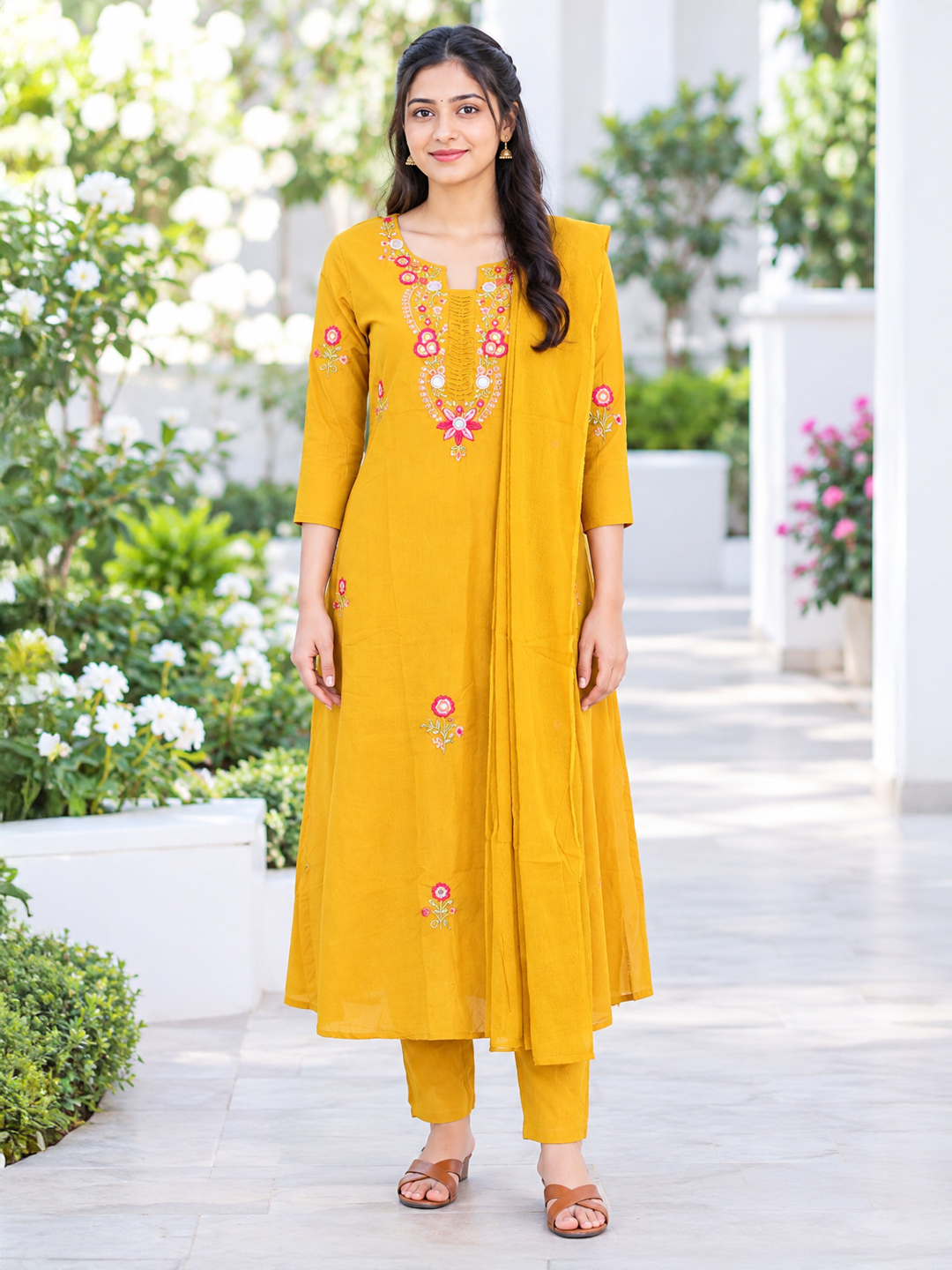Floral Embroidered Round Neckline Kurta Set