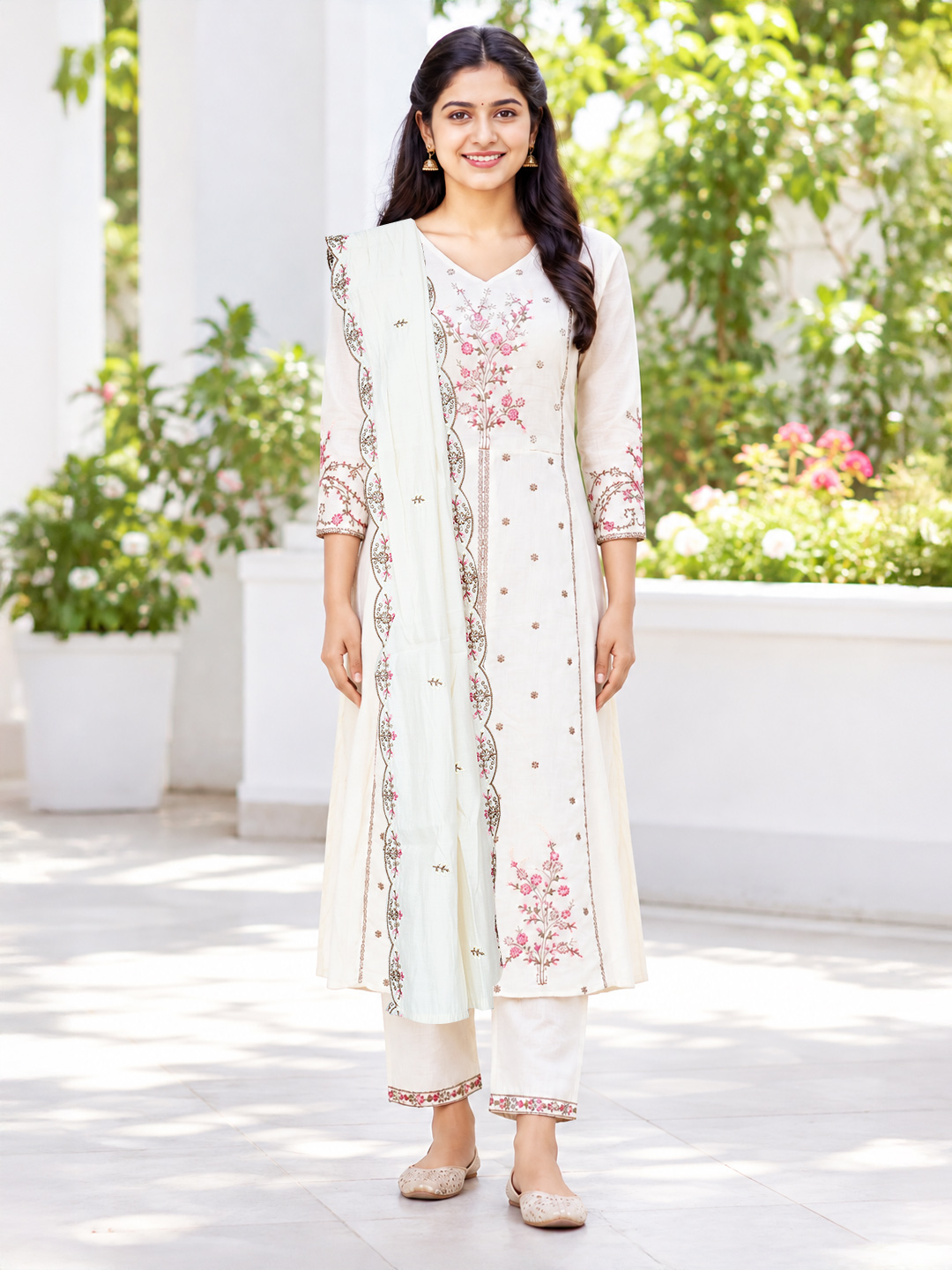 Floral Embroidered V-Neck Flared Anarkali Set