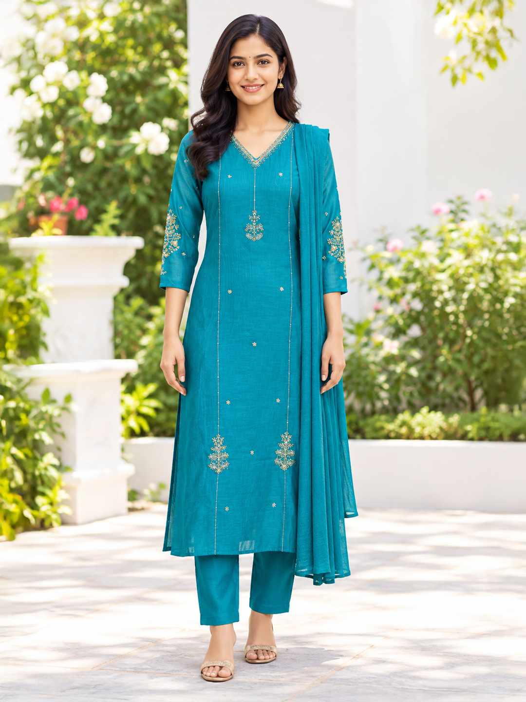 Ethnic Motifs V-Neck Kurta Set
