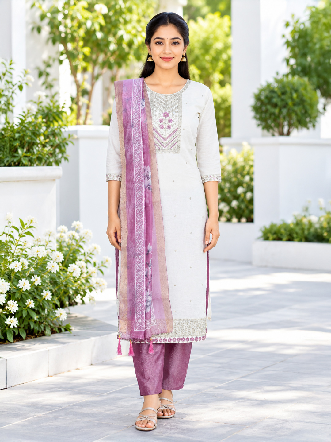 Round Neckline Embroidered  Straight-Cut Kurta Set
