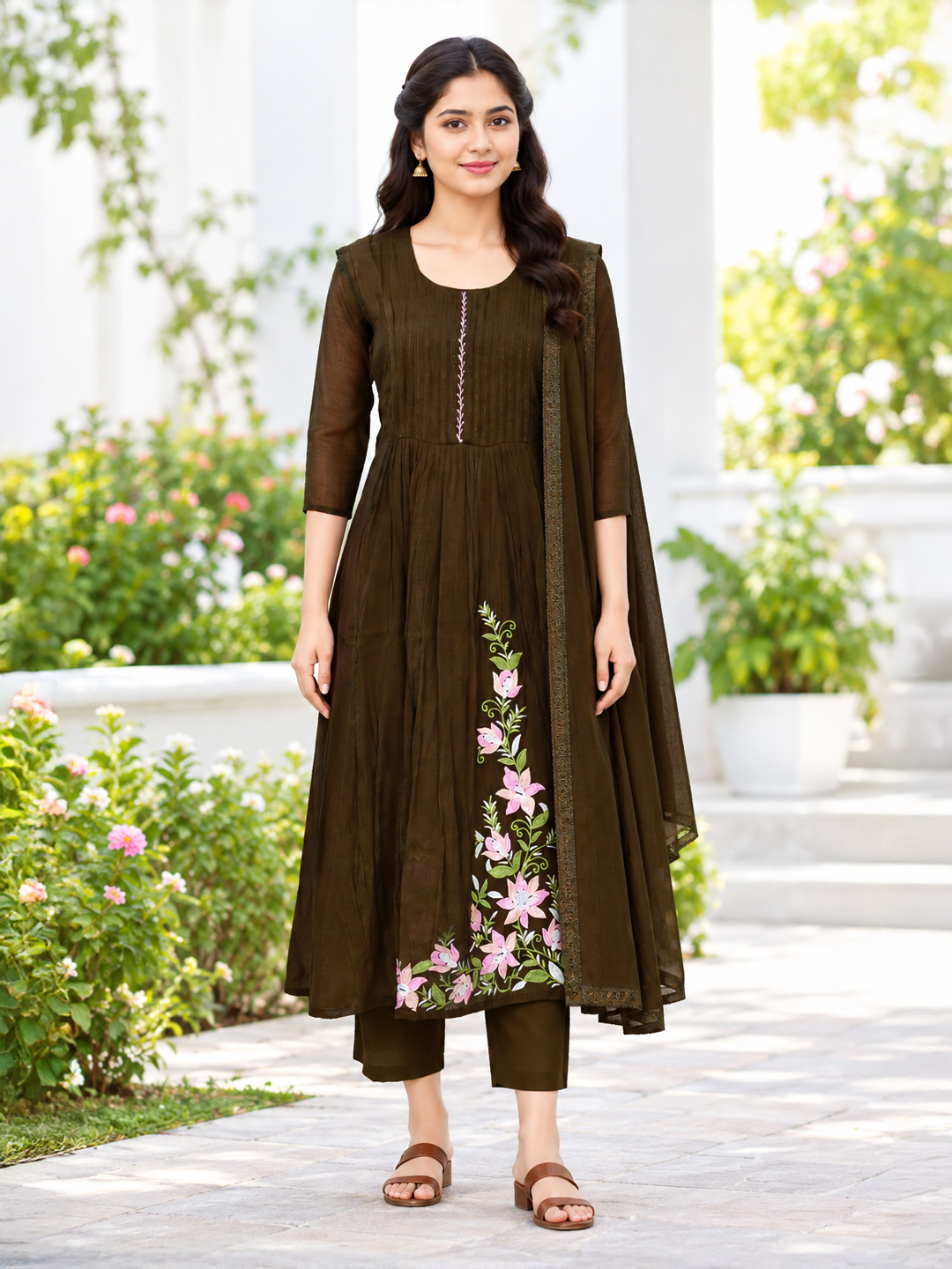  Floral Embroidered Motifs Anarkali Kurta Set