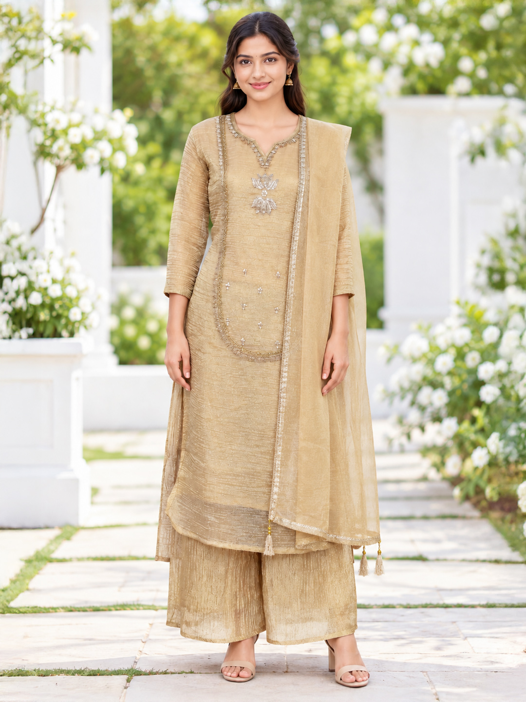 Traditional Ethnic Embroidered Kurta  Palazzo & Dupatta Set