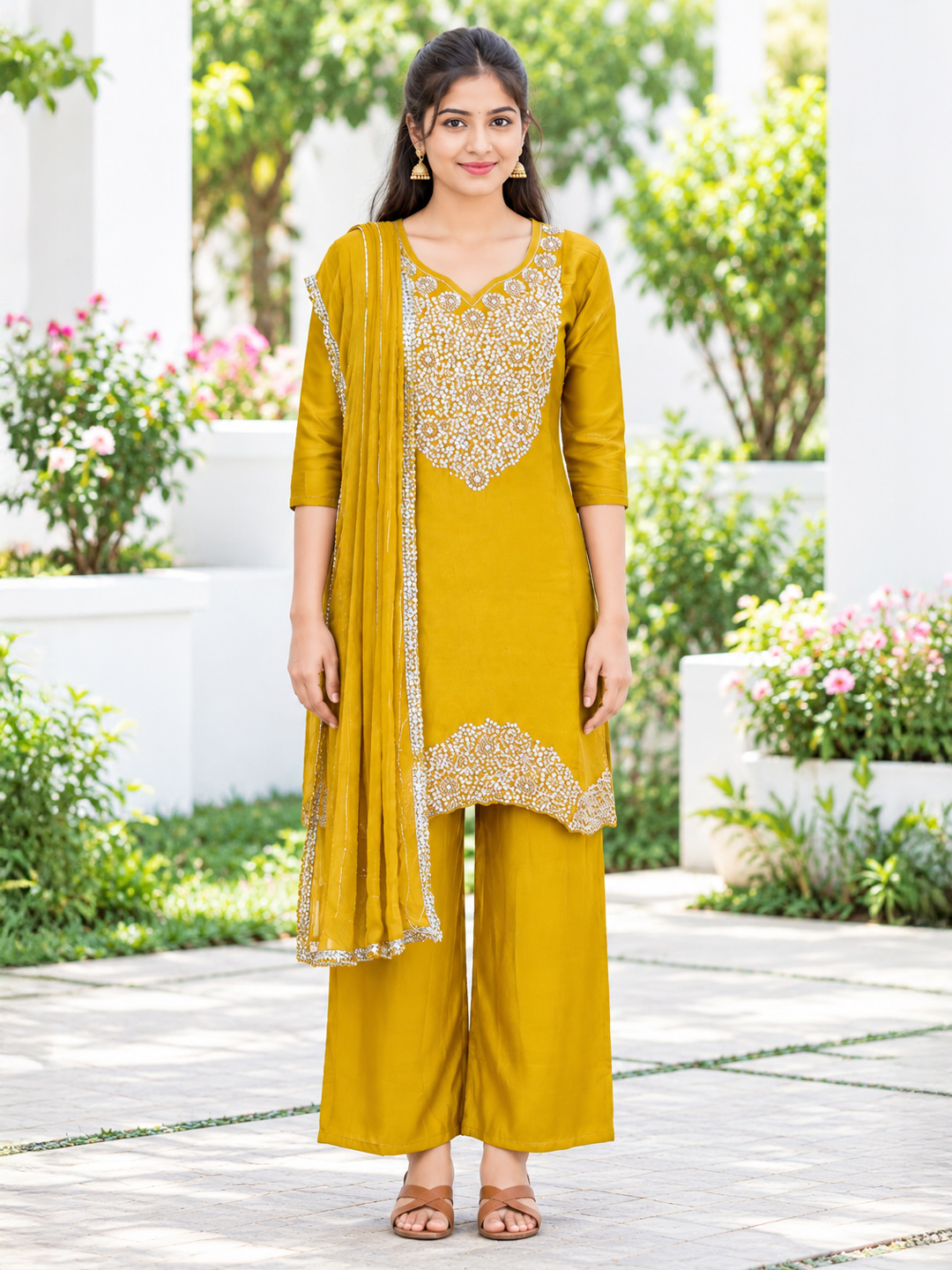  Traditional Ethnic  Embellishment kurta Palazzo & Dupatta Set