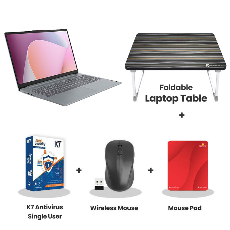 Lenovo  AMD Ryzen 5 40 - 	AMD Ryzen 5 40  15.6" (39.62 cm) 82XQ01WBIN Thin & Light Laptop (8GB LPDDR5/ 512GB SSD/ Full HD Display/ Integrated AMD Radeon 610M Graphics/ Windows 11 Home/ Microsoft 365 Basic + Office Home 2024/ 1Yeara Warranty/ Arctic Grey/ 1.62 kg) Laptop Table + K7 Antivirus Single User + Wireless Mouse + Mouse Pad