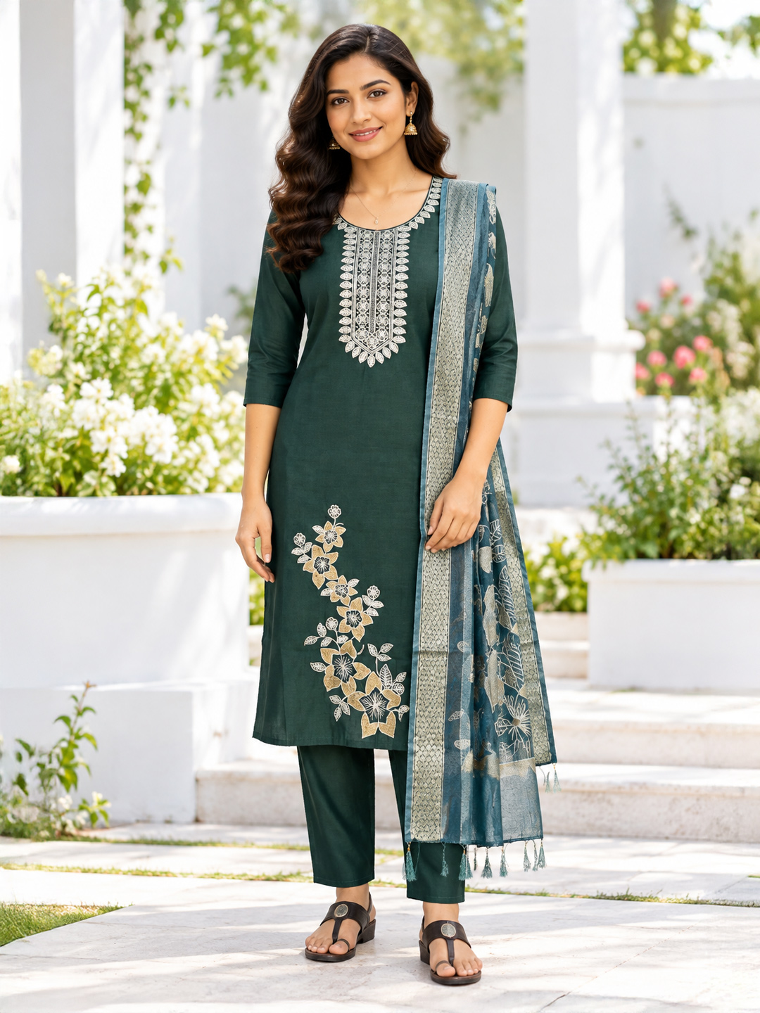 Ethnic  Floral Sequinned  Straight-Cut  Kurta Set