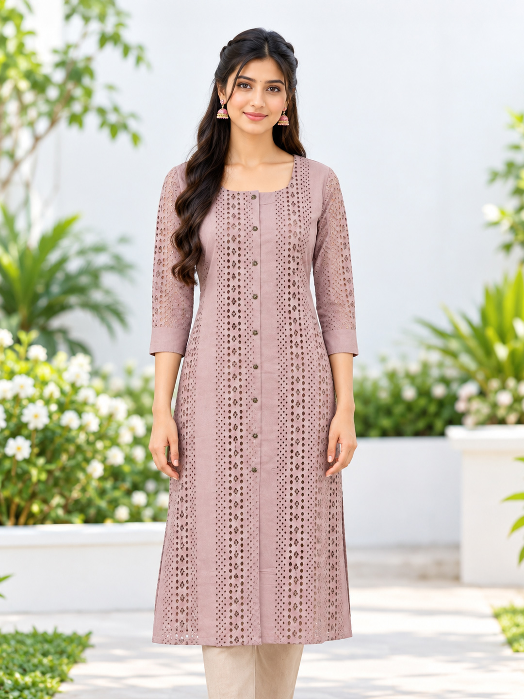Ethnic  Cutwork Embroidery Straight-Cut Kurta