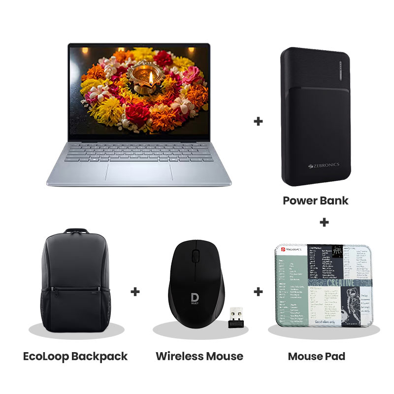 Dell 14 Plus - Intel Core Ultra 5 226V 14" (35.6 cm)  Thin & Light Laptop (16GB LPDDR5X/ 512GB  SSD/ Anti-Glare/ Intel Arc Graphics/ Windows 11 Home/ 1Year Warranty/  Ice Blue/  1.55kg)  + Zebronics 10000mAh Power Bank + Laptop Bag + Wireless Mouse + Mouse Pad