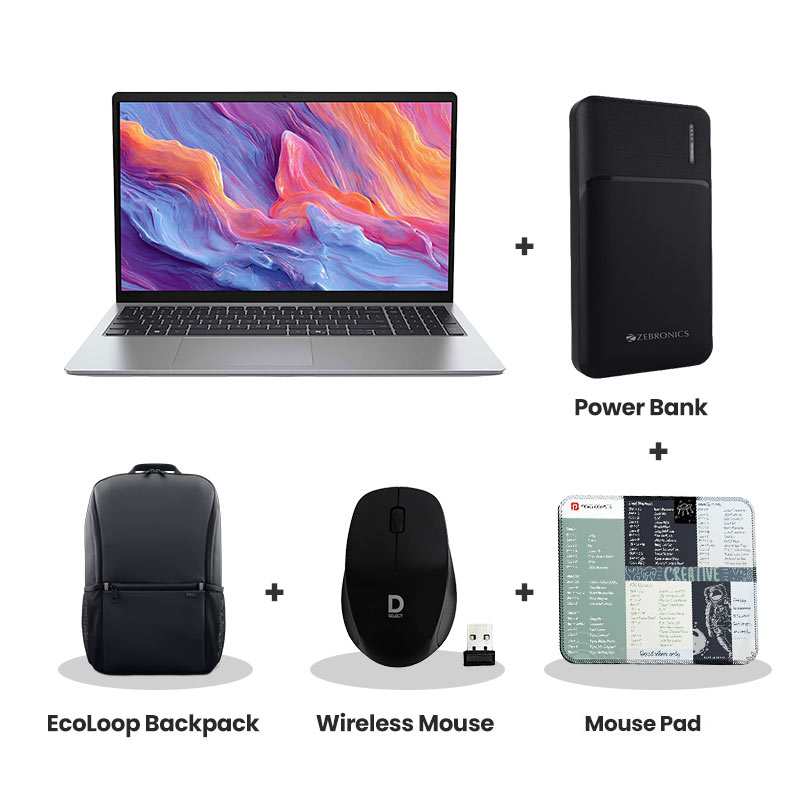 Dell 15 - Intel Core Ultra 5-225H 15.6" (39.62cm) Thin & Light Laptop (16GB/ 512GB SSD/ Full HD Display/ Intel Graphics/ Backlit Keyboard/ Windows 11 Home/ Office Home 2024 + M365 Basic/ 1Year Warranty/ Platinum Silver/ 1.66 kg)   + Zebronics 10000mAh Power Bank + Laptop Bag + Wireless Mouse + Mouse Pad