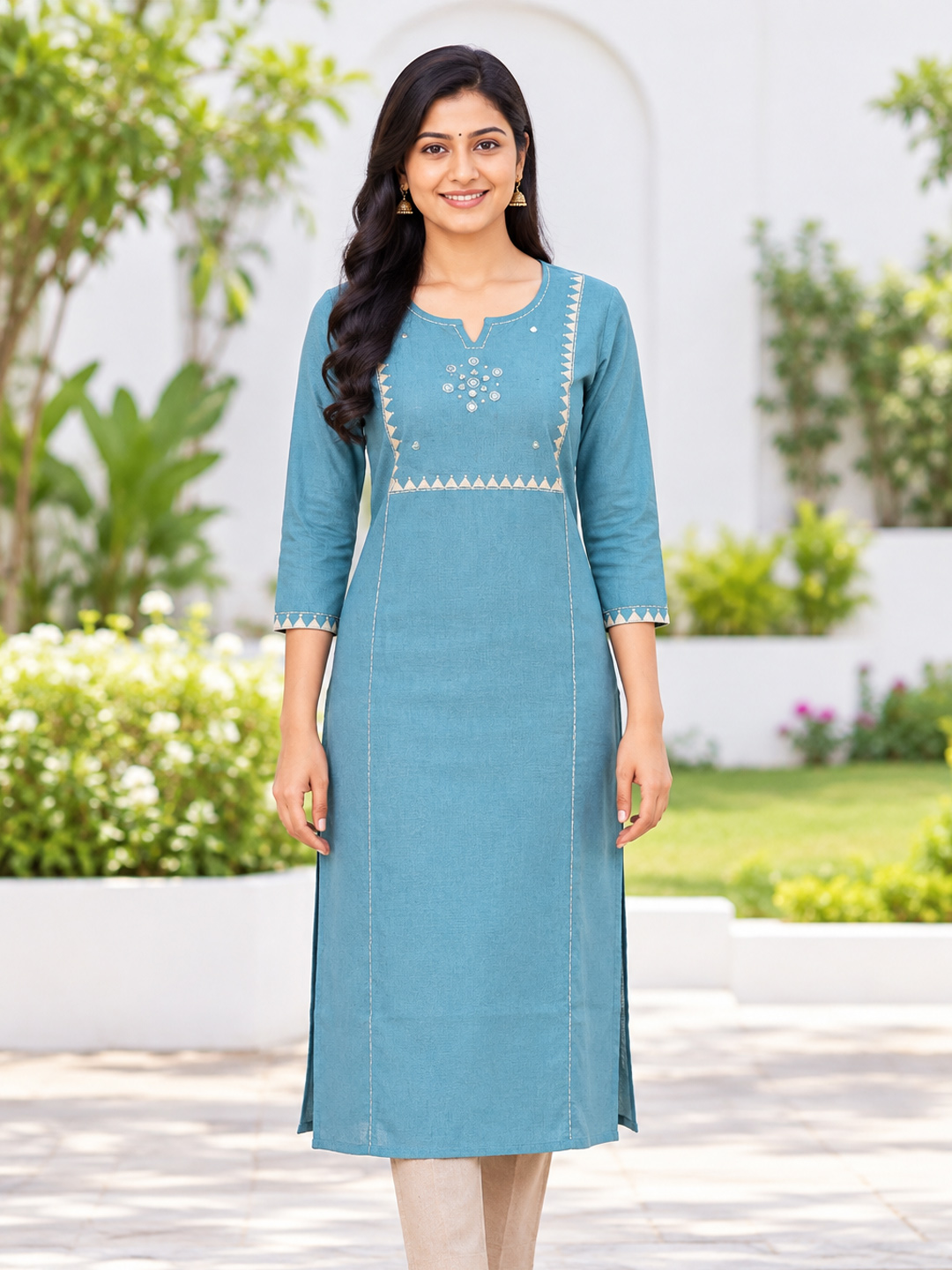 Ethnic  Mirror Work Straight-Cut Kurta