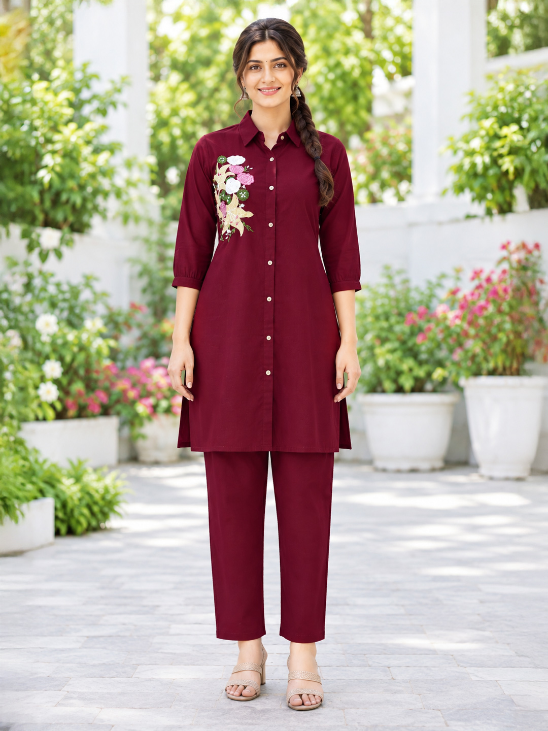 Embroidery Collar Neck Short Kurti with Pant Set 