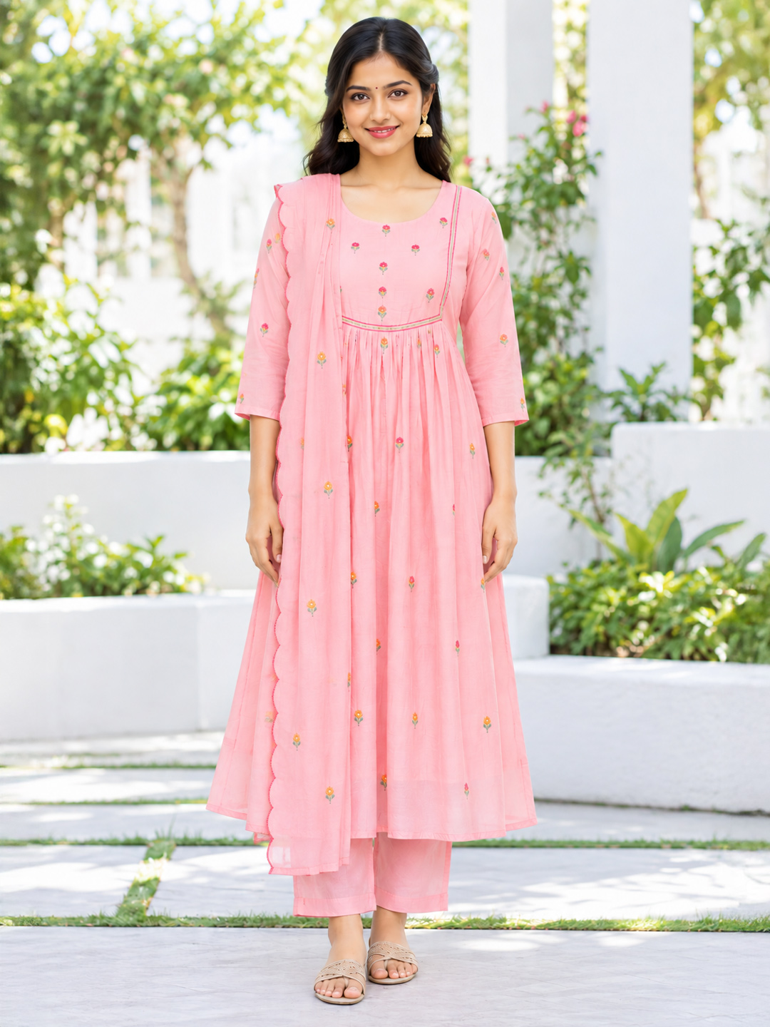 Flared Floral Embroidery  Anarkali Kurta Set