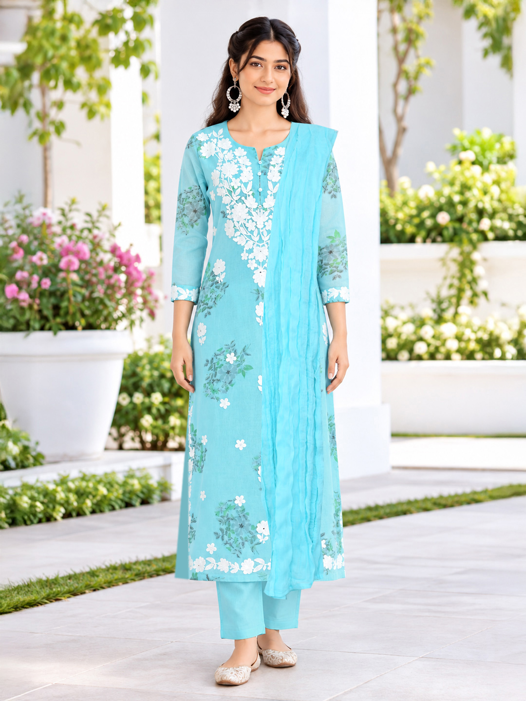 Ethnic Motifs Embroidered Chikankari  Kurta Set