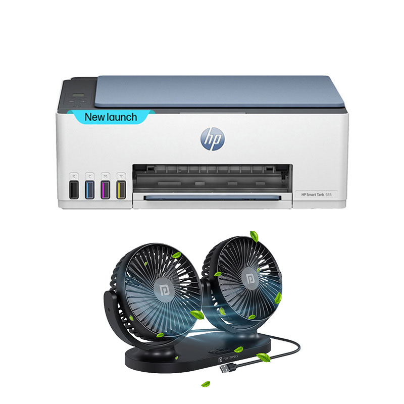 HP Smart Tank 525 All-in-One Multi-function Color Inkjet Printer  (Grey White, Ink Bottle) +  Portronics Twin Cool Dual Head Portable USB Powered Fan