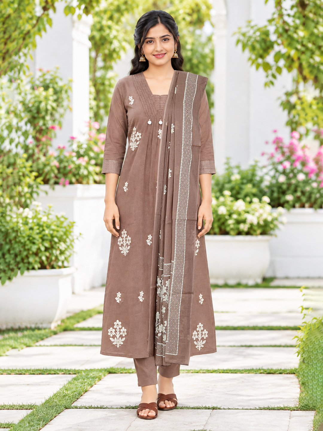 V-Neck Embroidery A-line Anarkali Kurta Set