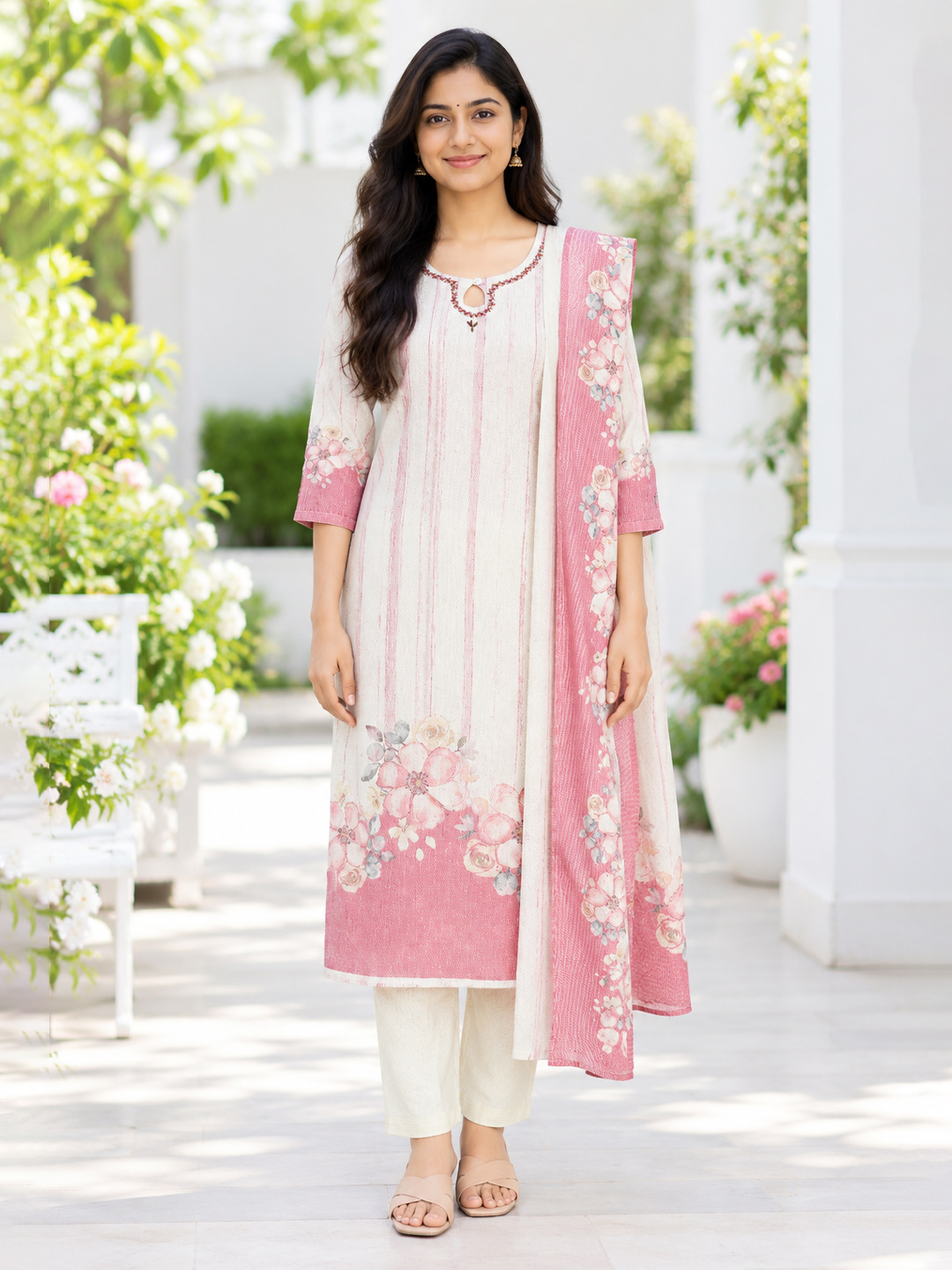Floral Printed keyhole Round Neck Kurta Set