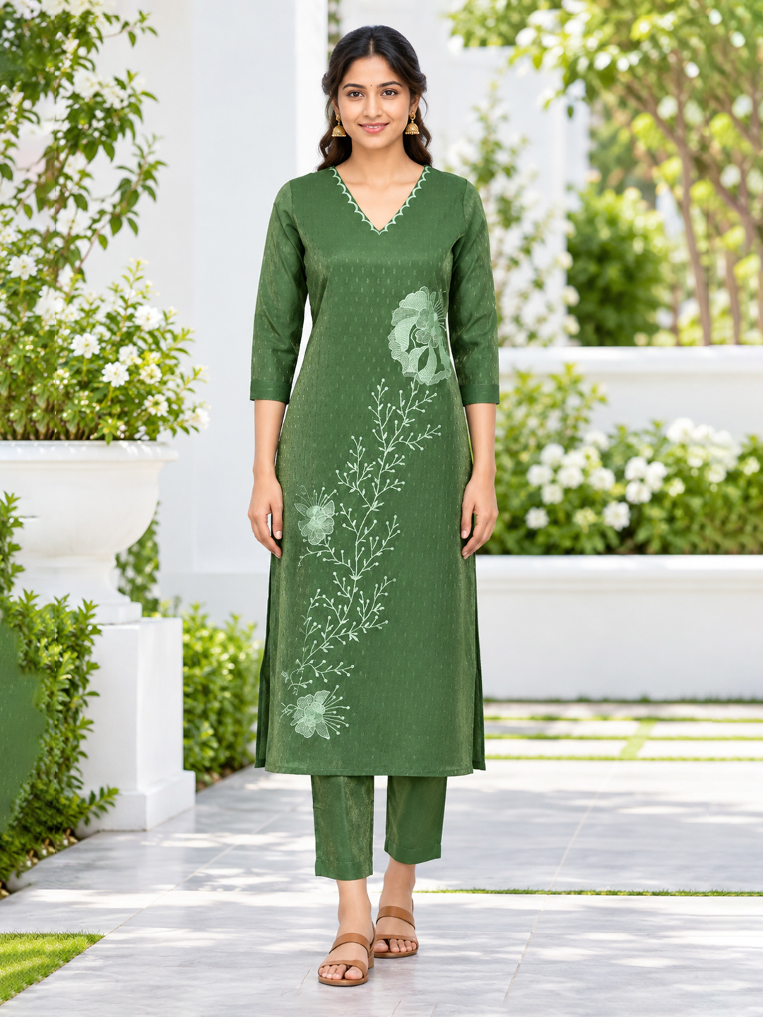 Floral Embroidered Straight-Cut Shimmer Kurta Pant Set