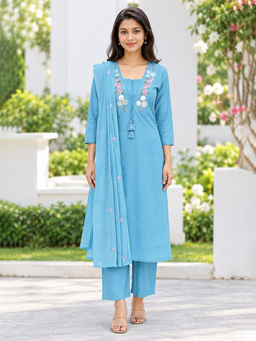 Embroidered Mirror Work V-Neck A-line Anarkali Set