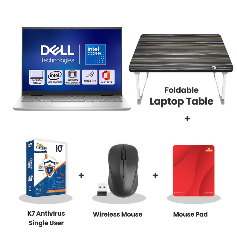 Dell  Inspiron 7440 New 14 Plus -  Intel Core 7 240H 14" (35.6 cm) Thin & Light Laptop (16GB LPDDR5X/ 512GB SSD/ Full HD Display/ Intel UHD Graphic/ Windows 11 Home/ Office Home 2024 + M365 Basic (1 Year Validity)/ 1Year Warranty/  Ice Blue/ 1.60 kg)  with Laptop Table + K7 Antivirus Single User + Wireless Mouse + Mouse Pad