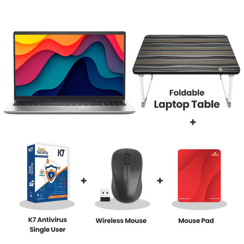 Dell 15 - AMD Ryzen 5-7530U 15.6" (39.62cm) Thin & Light Laptop (16GB/ 512GB SSD/ Full HD Display/ English International non-backlit keyboard with numeric keypad/ Windows 11 Home/ Office Home 2024 + M365 Basic/ 1Year Warranty/ Platinum Silver/ 1.67 Kg) with Laptop Table + K7 Antivirus Single User + Wireless Mouse + Mouse Pad