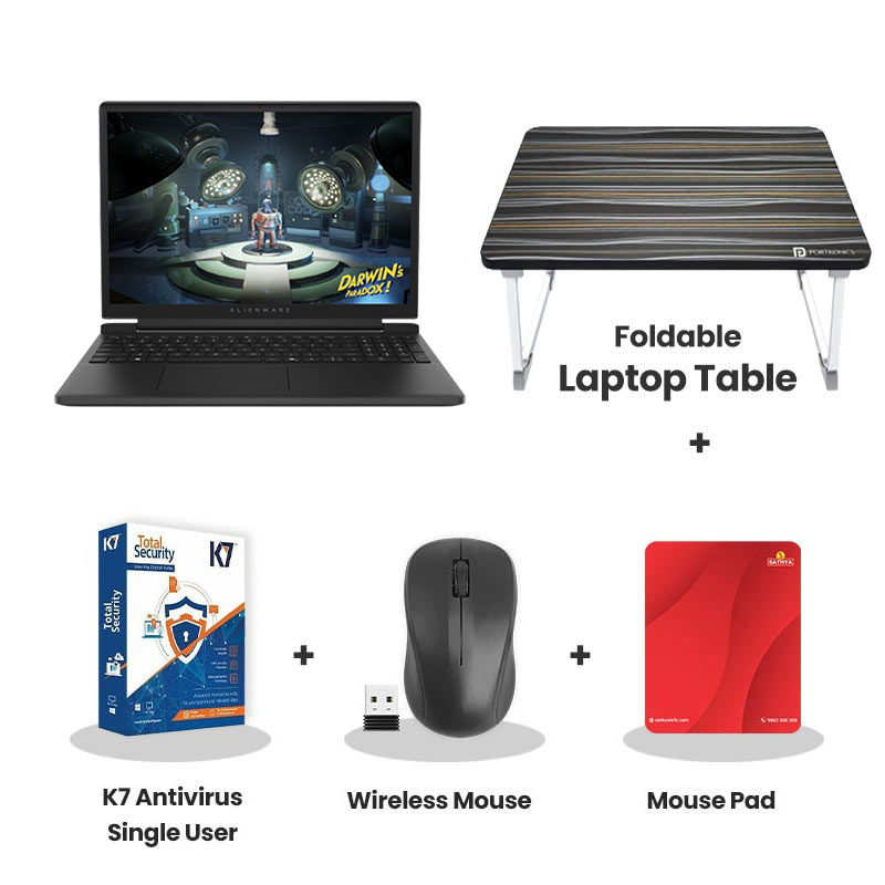 Dell New Alienware 15 - AMD Ryzen 5 220 15.3" (38.86 cm) Gaming Laptop (16GB DDR5/ 512GB  SSD/ WUXGA/ NVIDIA GeForce RTX 4050, 6GB GDDR6/ Windows 11 Home/ Microsoft Office Home 2024+ M365 Basic (1 Year Validity)/ 1Year Warranty/ Black/ 2.25kg)  with Laptop Table + K7 Antivirus Single User + Wireless Mouse + Mouse Pad