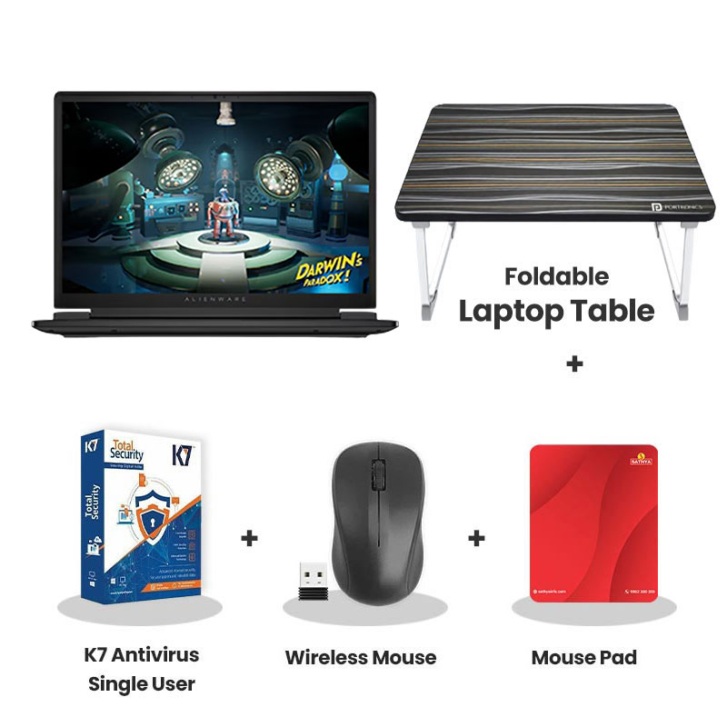 Dell  Alienware 15 - AMD Ryzen  7 260 15.3" (38.86 cm) Gaming Laptop (16GB DDR5/ 512GB SSD/ WUXGA/ NVIDIA GeForce RTX 5050, 8GB GDDR7/ Windows 11 Home/ Microsoft Office Home 2024 1Year Warranty/ Black/ 2.25kg)  with Laptop Table + K7 Antivirus Single User + Wireless Mouse + Mouse Pad