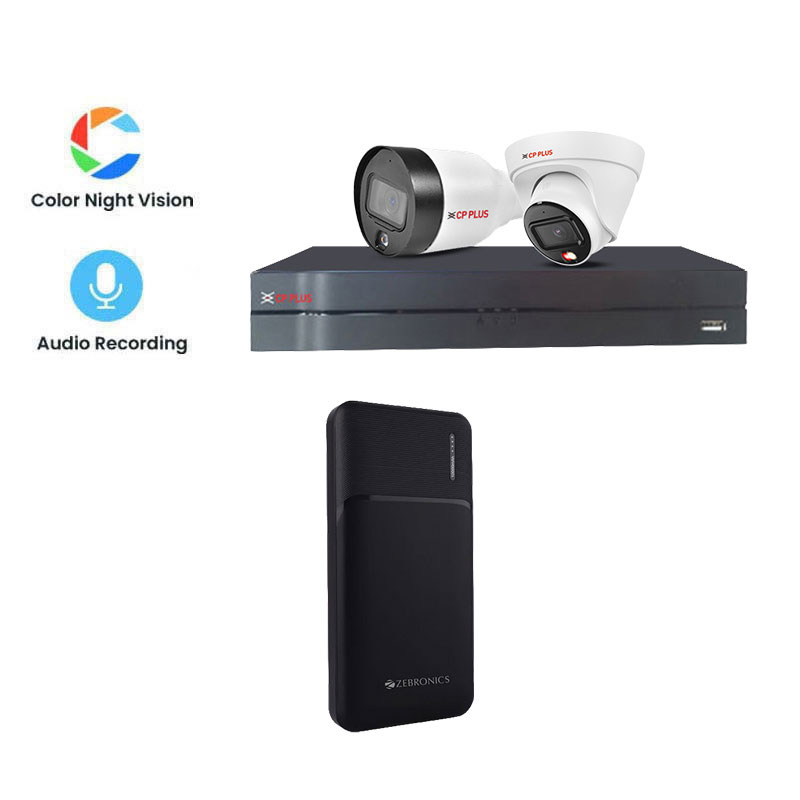 CP PLUS 2 CCTV Cameras Combo (1 Indoor & 1 Outdoor CCTV Cameras) (DUAL LIGHT WITH MIC) DVR + HDD + Accessories + Power Supply + 45m Cable + Zebronics Zeb 10000mAh Power Bank