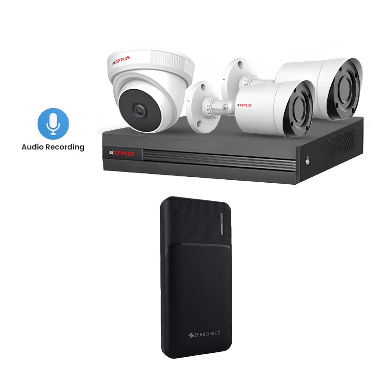 CP PLUS 3 CCTV Cameras Combo (1 Indoor & 2 Outdoor CCTV Cameras with mic) + DVR + HDD + Accessories + Power Supply + 60m Cable +  Zebronics Zeb 10000mAh Power Bank