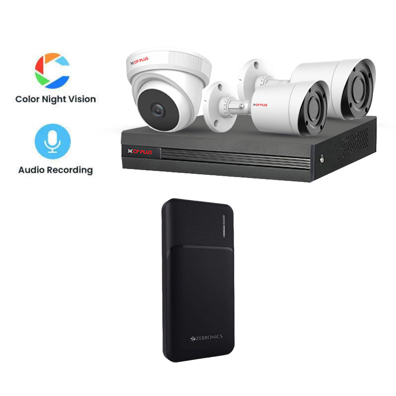 CP PLUS 3 CCTV Cameras Combo (1 Indoor & 2 Outdoor CCTV Cameras) (DUAL LIGHT WITH MIC) 👨🏻‍🔧 With CCTV Installation + DVR + HDD + Accessories + Power Supply + 60m Cable + Zebronics Zeb 10000mAh Power Bank