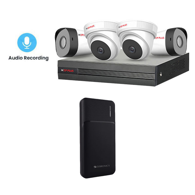CP PLUS 4 CCTV Cameras Combo (2 Indoor & 2 Outdoor CCTV Cameras with mic) + DVR + HDD + Accessories + Power Supply + 90m Cable + Zebronics Zeb 10000mAh Power Bank