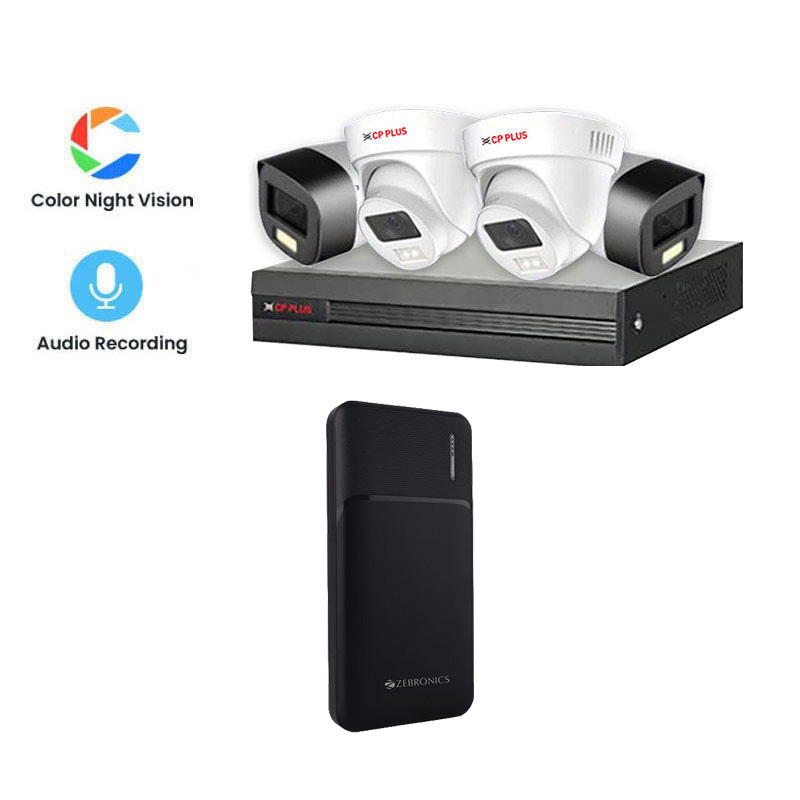 CP PLUS 4 CCTV Cameras Combo (2 Indoor & 2 Outdoor CCTV Cameras) (DUAL LIGHT WITH MIC) + DVR + HDD + Accessories + Power Supply + 90m Cable + Zebronics Zeb 10000mAh Power Bank