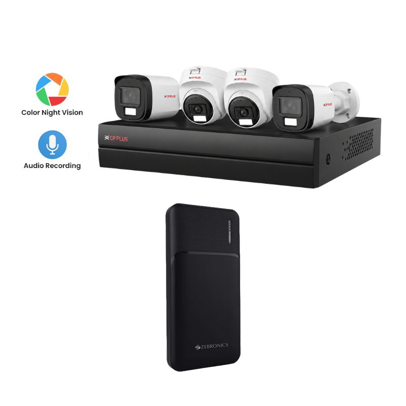 CP PLUS 4 5MP CCTV Cameras with Color Night Vision & Audio Recording  (2 Indoor & 2 Outdoor CCTV Cameras)+ DVR + HDD + Accessories + Power Supply + 90m Cable   + Zebronics Zeb 10000mAh Power Bank