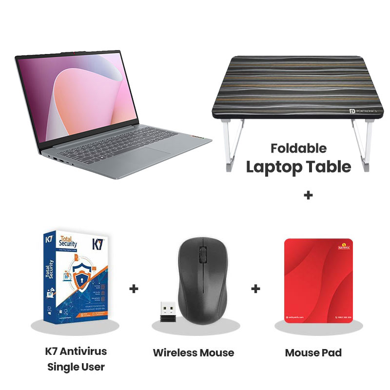 Lenovo IdeaPad Slim 3 -  AMD Ryzen 3 30   15.6" (39.62 cm)  82XQ01VXIN Thin & Light Laptop (8GB LPDDR5/ 512GB SSD/ Full HD Display/ Integrated AMD Radeon 610M Graphics/ Windows 11 Home/  Office Home 2024/  1Year Warranty/  Arctic Grey/ 1.62 kg)  with Laptop Table + K7 Antivirus Single User + Wireless Mouse + Mouse Pad