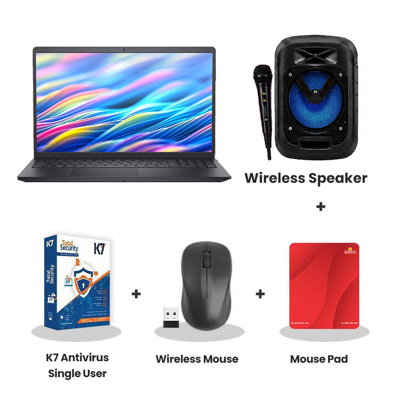 Dell 15 - Intel Core 3 100U  15.6" (39.62cm) Thin & Light Laptop  (8GB 512GB SSD/ Full HD Display/ Intel UHD Graphics/ Windows 11 Home/ MS Office 2024/ 1 Year Warranty/ Carbon Black / 1.94 kg)  + Wireless Speaker + K7 Antivirus Single User + Wireless Mouse + Mouse Pad