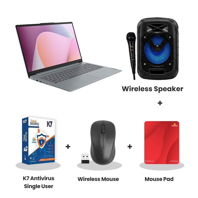 Lenovo  AMD Ryzen 5 40 - 	AMD Ryzen 5 40  15.6" (39.62 cm) 82XQ01WBIN Thin & Light Laptop (8GB LPDDR5/ 512GB SSD/ Full HD Display/ Integrated AMD Radeon 610M Graphics/ Windows 11 Home/ Microsoft 365 Basic + Office Home 2024/ 1Yeara Warranty/ Arctic Grey/ 1.62 kg) + Wireless Speaker + K7 Antivirus Single User + Wireless Mouse + Mouse Pad