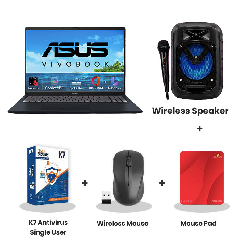 Asus Vivobook 16 (2025) - Snapdragon X X1 26 100 16" (40.64 cm) X1607QA-MB049WS AI Powered Thin and Light Laptop (16GB/ 512GB SSD/ WUXGA Display/ Qualcomm Adreno GPU/ Windows 11 Home/ Office Home 2024/ 1Year Warranty/ Quiet Blue/ 1.88 kg)   + Wireless Speaker + K7 Antivirus Single User + Wireless Mouse + Mouse Pad 