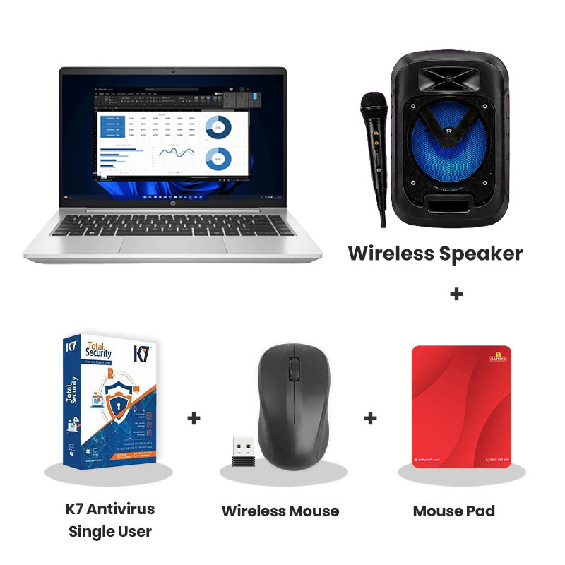 HP 250R G10 - Intel Core 5 120U 15.6" (39.6 cm) C91T8AT Thin & Light Laptop (16GB RAM/  512GB SSD/ Full HD Display/ DOS/ 1Year Warranty/ Turbo Silver/ 1.52 kg)  +  Wireless Speaker + K7 Antivirus Single User + Wireless Mouse + Mouse Pad