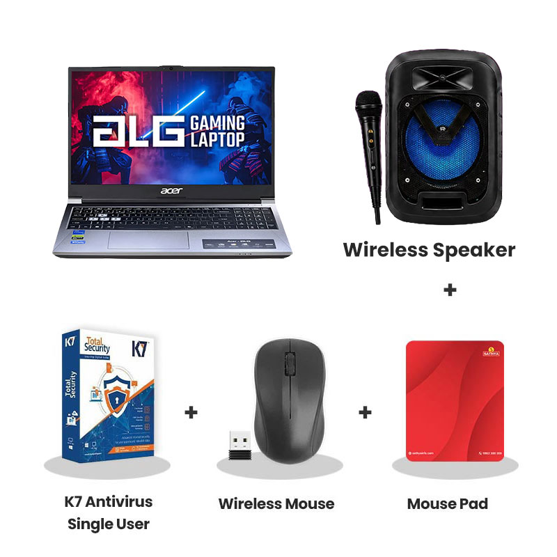 Acer -  Intel Core 7 processor 240H 15.6" (39.62 cm)AL15G-53 Gaming Laptop  (16GB DDR4/ 512GB SSD/ Full HD Plus Display/  NVIDIA GeForce RTX 3050 4GB DDR6/ Windows 11 Home/ No MSO/ 1Year Warranty/ Titanium Gray/ 1.99kg)  + Wireless Speaker + K7 Antivirus Single User + Wireless Mouse + Mouse Pad