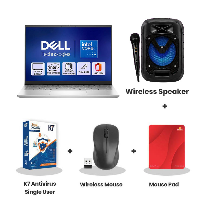 Dell  Inspiron 7440 New 14 Plus -  Intel Core 7 240H 14" (35.6 cm) Thin & Light Laptop (16GB LPDDR5X/ 512GB SSD/ Full HD Display/ Intel UHD Graphic/ Windows 11 Home/ Office Home 2024 + M365 Basic (1 Year Validity)/ 1Year Warranty/  Ice Blue/ 1.60 kg)  + Wireless Speaker + K7 Antivirus Single User + Wireless Mouse + Mouse Pad