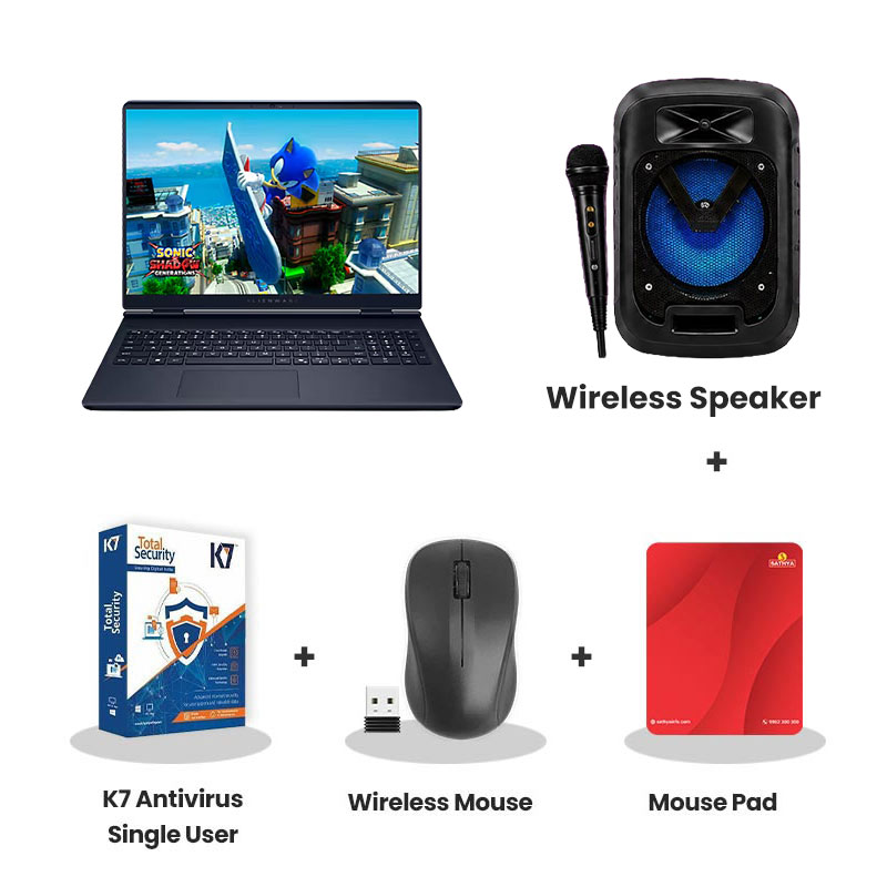 Dell Alienware 16 Aurora - Intel Core 7-240H 16" (40.64cm) Gaming Laptop (16GB DDR5/ 1TB SSD/ WQXGA 120Hz Display/ NVIDIA GeForce RTX 4050 6GB GDDR6/ Windows 11 Home/ Office Home 2024 + M365 Basic (1 Year Validity)/ 1 Year Warranty/ Interstellar Indigo/ 2.57 kg)  + Wireless Speaker + K7 Antivirus Single User + Wireless Mouse + Mouse Pad