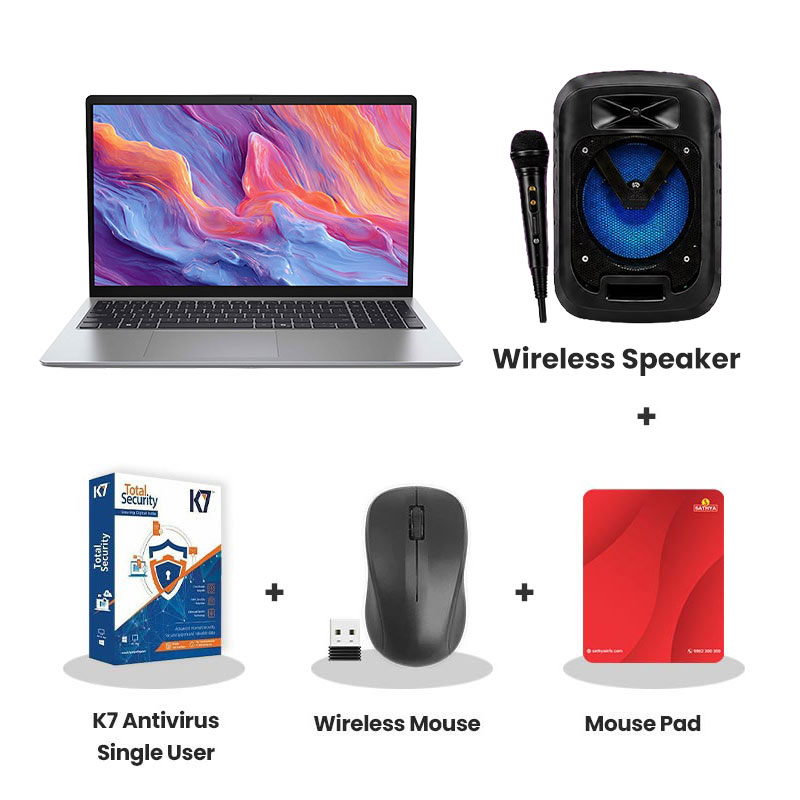 Dell 15 - Intel Core Ultra 5-225H 15.6" (39.62cm) Thin & Light Laptop (16GB/ 512GB SSD/ Full HD Display/ Intel Graphics/ Backlit Keyboard/ Windows 11 Home/ Office Home 2024 + M365 Basic/ 1Year Warranty/ Platinum Silver/ 1.66 kg)   + Wireless Speaker + K7 Antivirus Single User + Wireless Mouse + Mouse Pad