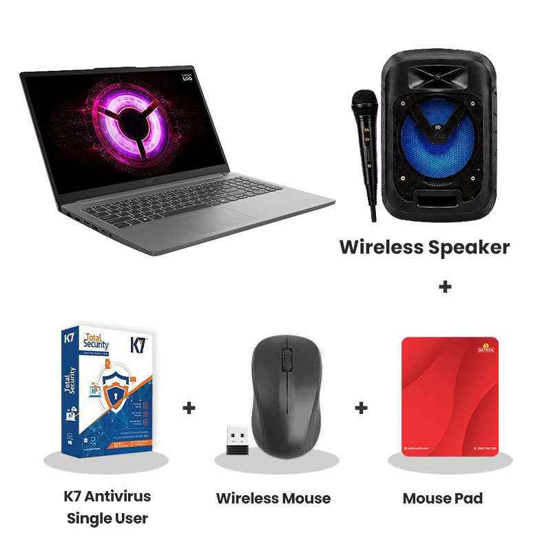 Lenovo LOQ Essential -  AMD Ryzen 7 170 15.6" (39.62 cm)  83S000FPIN Gaming Laptop (16GB DDR5/ 512GB SSD/  Full HD Display/ Anti-glare/ NVIDIA GeForce RTX 3050A 4GB GDDR6/ Windows 11 Home/  Office Home 2024/ 1Year Warranty/ Luna Grey/ 1.8 kg)  + Wireless Speaker + K7 Antivirus Single User + Wireless Mouse + Mouse Pad