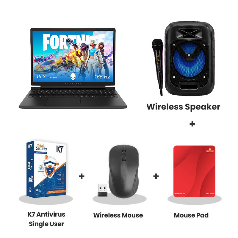 Dell Alienware 15 - AMD Ryzen R7 260  15.3" (38.86 cm) Gaming Laptop (16GB DDR5/ 512GB SSD/ WUXGA Display/ NVIDIA GeForce RTX 3050 6GB GDDR6/ Windows 11 Home/ MS Office 2024/ 1Year Warranty/ Black/ 2.25kg) + Wireless Speaker + K7 Antivirus Single User + Wireless Mouse + Mouse Pad