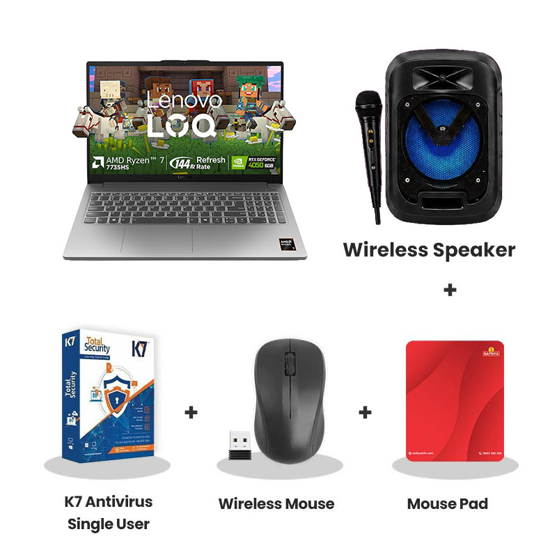 Lenovo LOQ Essential  -  AMD Ryzen 7 7735HS  15.6" (39.62 cm) 83S000FWIN Gaming Laptop  (16GB DDR5/ 512GB SSD/ Full HD Display/ Anti-glare/  NVIDIA GeForce RTX 4050 6GB GDDR6/ Windows 11 Home/ Office Home 2024/  1Year Warranty/  Luna Grey/ 1.8kg) + Wireless Speaker + K7 Antivirus Single User + Wireless Mouse + Mouse Pad