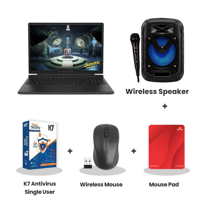 Dell New Alienware 15 - AMD Ryzen 7 260   15.3" (38.86 cm) Gaming Laptop (16GB DDR5/ 512GB SSD/ WUXGA/ NVIDIA GeForce RTX 4050, 6GB GDDR6/ Windows 11 Home/ Microsoft Office Home 2024+ M365 Basic (1 Year Validity)/ 1Year Warranty/ Black/ 2.25kg)  + Wireless Speaker + K7 Antivirus Single User + Wireless Mouse + Mouse Pad