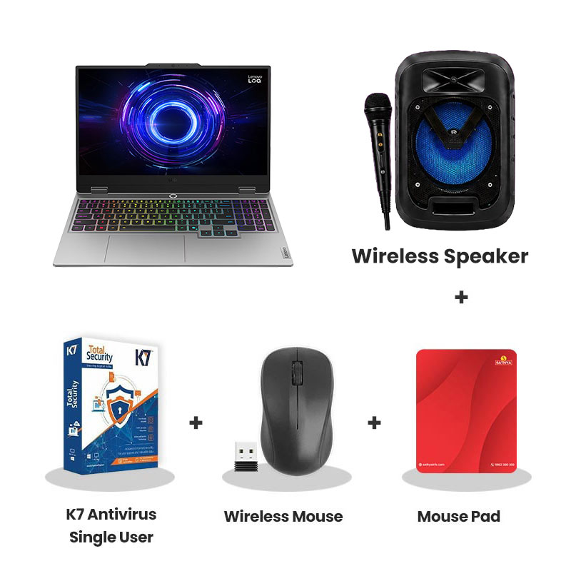 Lenovo LOQ -  Intel Core i7-13650HX 15.6" (39.6cm)  83DV01K8IN Gaming Laptop (16GB DDR5/ 512GB  SSD/ Full HD Display/  Anti-glare/ NVIDIA GeForce RTX 4050 6GB GDDR6/ Windows 11 Home/  Office Home 2024/ 1Year Warranty/ Luna Grey/ 2.38kg)  + Wireless Speaker + K7 Antivirus Single User + Wireless Mouse + Mouse Pad