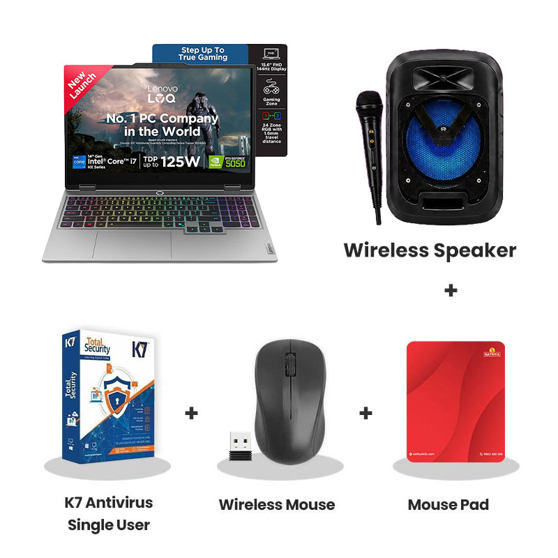 Lenovo LOQ -  Intel Core i7-14700HX 15.6" (39.6cm)  83JE01KLIN Gaming Laptop (16GB DDR5/ 512GB SSD/  Full HD Display/ NVIDIA GeForce RTX 5050 8GB GDDR7/ Windows 11 Home/ Office Home 2024/ 1Year Warranty/  	Luna Grey/ 2.4 kg) + Wireless Speaker + K7 Antivirus Single User + Wireless Mouse + Mouse Pad
